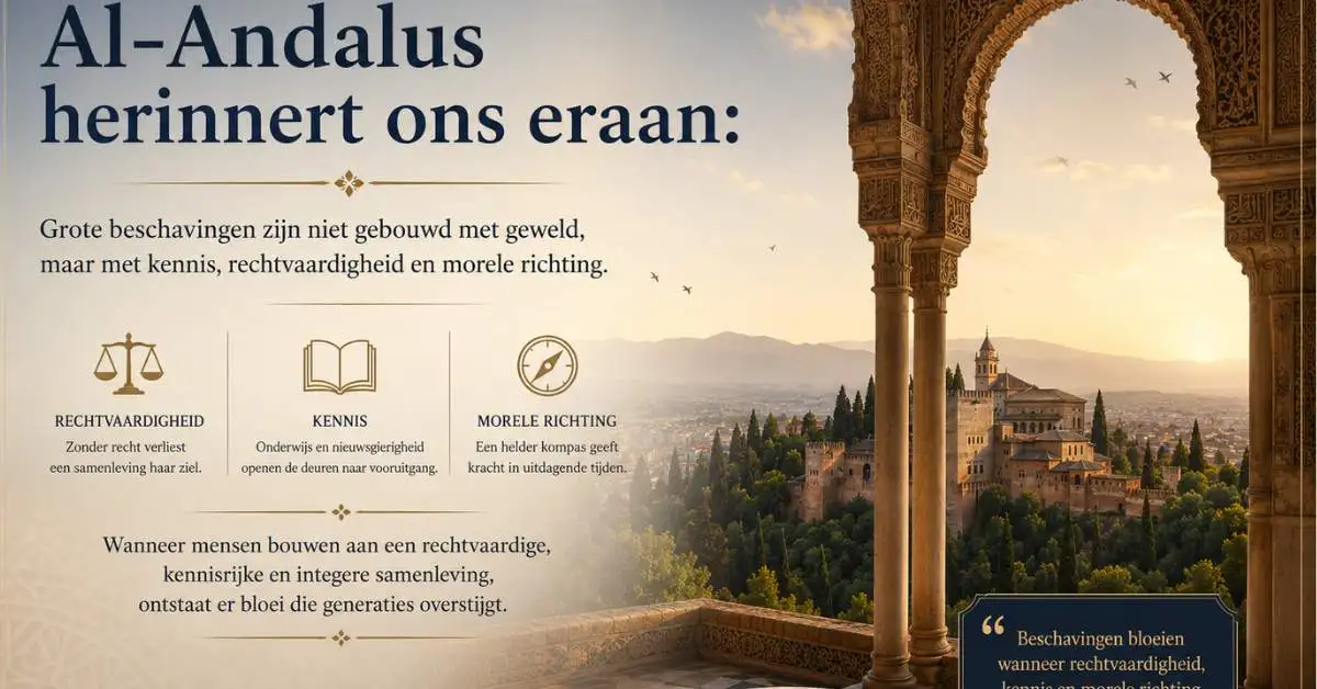 Historische cinematische illustratie van Granada en Al-Andalus met symbolische boodschap over beschaving, spiritualiteit en de val van Andalusië.