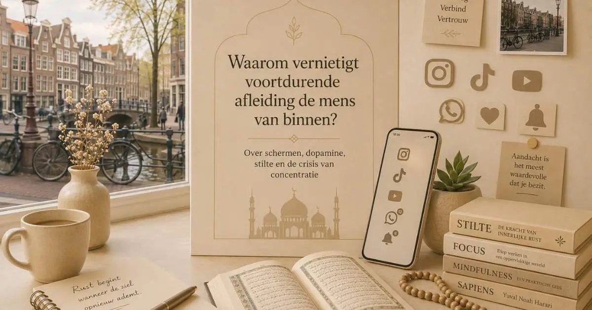 Warme beige editorial afbeelding over digitale afleiding, sociale media, innerlijke rust en islamitische reflectie in een Europese context.