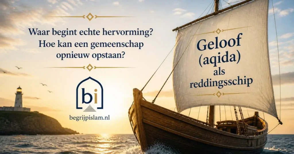 Sailboat op zee met tekst geloof (aqida) als reddingsschip in islamitische context