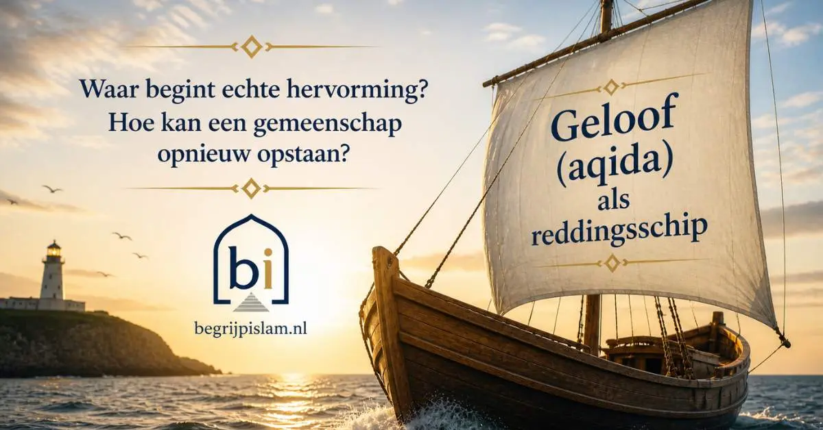 Sailboat op zee met tekst geloof (aqida) als reddingsschip in islamitische context