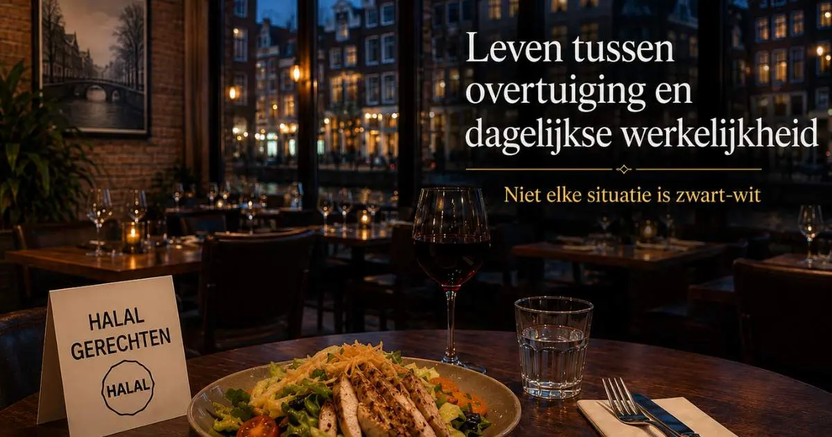 Moslim die eet in een restaurant waar halal voedsel wordt geserveerd terwijl er ook alcohol wordt verkocht
