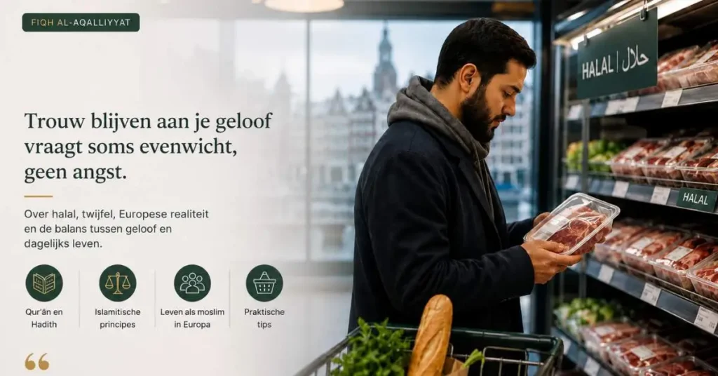 Moslim man in een Europese supermarkt terwijl hij halal vlees controleert en nadenkt over geloof en dagelijkse keuzes.