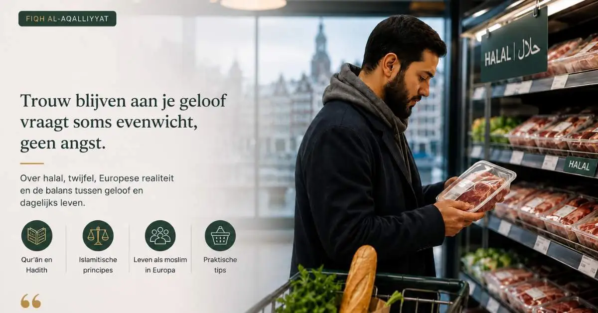 Moslim man in een Europese supermarkt terwijl hij halal vlees controleert en nadenkt over geloof en dagelijkse keuzes.