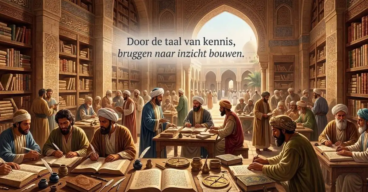 Geleerden en vertalers in het Huis van Wijsheid in Bagdad tijdens de grote vertaalbeweging.