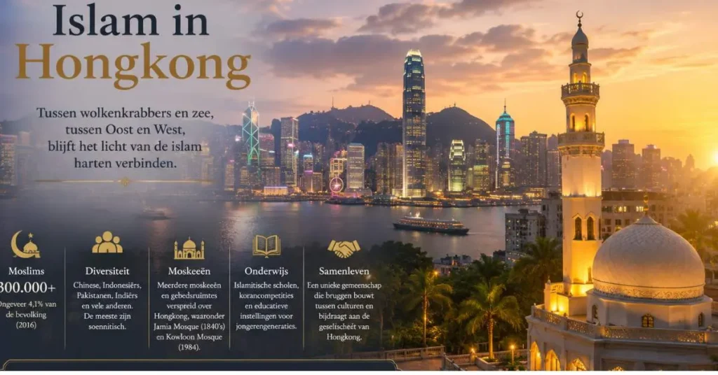 Moskee en skyline van Hongkong tijdens zonsondergang met islamitische sfeer