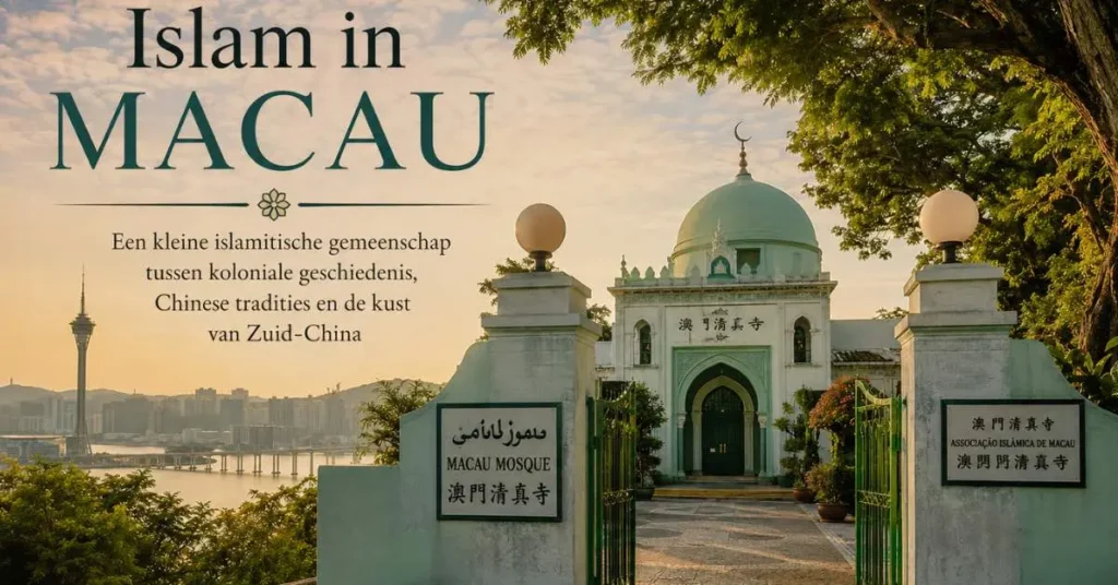 Macau Mosque met uitzicht op de stad en de zee tijdens golden hour