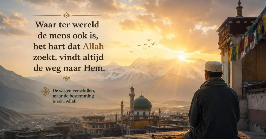 Spirituele Tibetaanse bergscène met islamitische sfeer tijdens zonsondergang