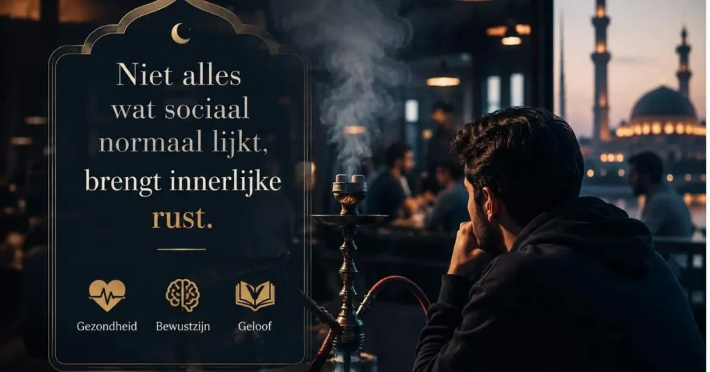 Jonge moslim in een moderne Europese shisha lounge terwijl hij nadenkt over gezondheid, geloof en levensstijl.