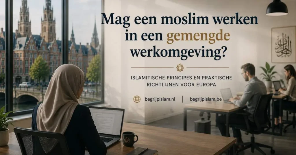 Moderne Europese kantooromgeving met een moslima in hijab op de werkvloer, over islamitische grenzen en werken in een gemengde werkomgeving in Europa.