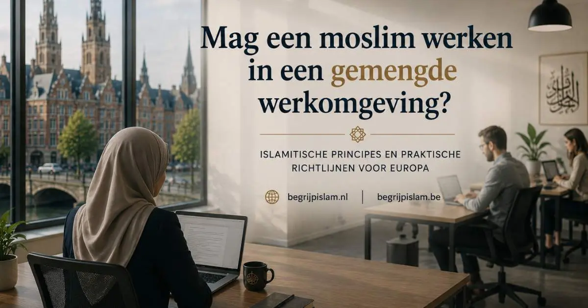 Moderne Europese kantooromgeving met een moslima in hijab op de werkvloer, over islamitische grenzen en werken in een gemengde werkomgeving in Europa.