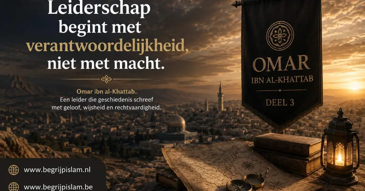 Cinematische historische afbeelding van Omar ibn al-Khattab met een islamitische stad, leiderschapssymbolen en een inspirerende Nederlandse quote.