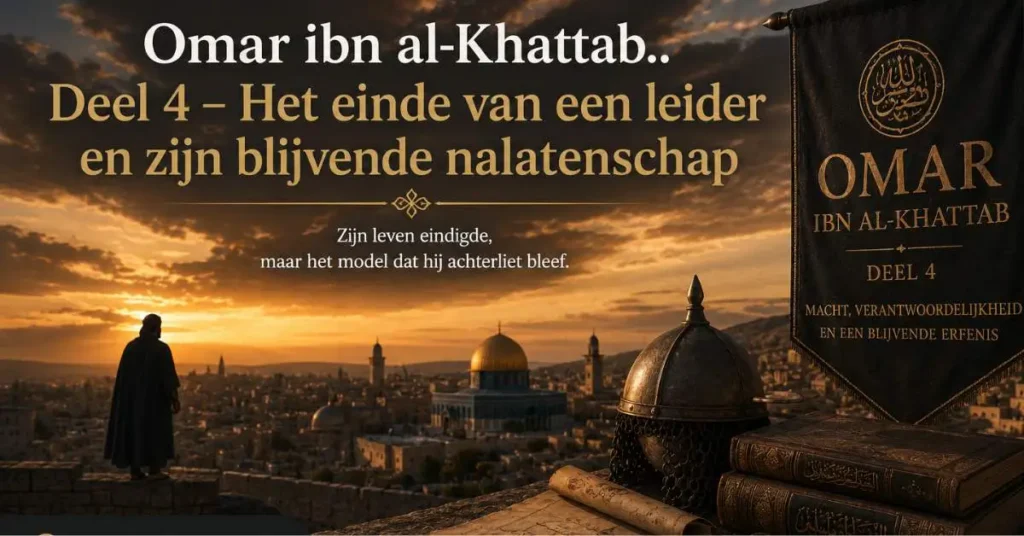 Cinematische historische afbeelding van Omar ibn al-Khattab met Jeruzalem, islamitische symbolen en een Nederlandse quote over leiderschap en nalatenschap.