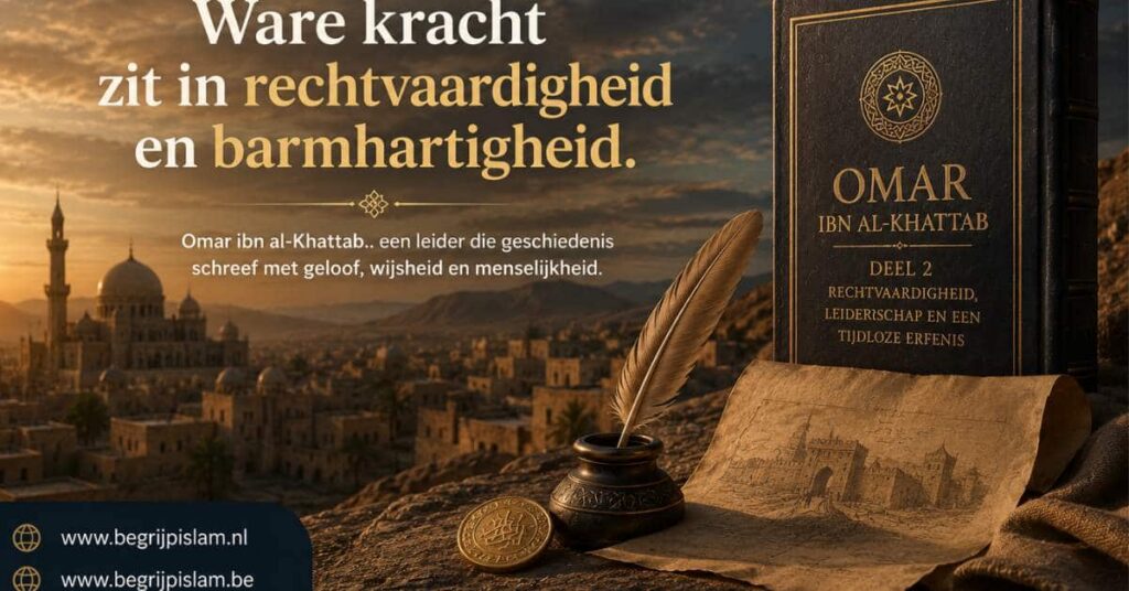 Cinematische historische afbeelding van Omar ibn al-Khattab met islamitische architectuur, boek en symbolen van rechtvaardigheid en leiderschap.