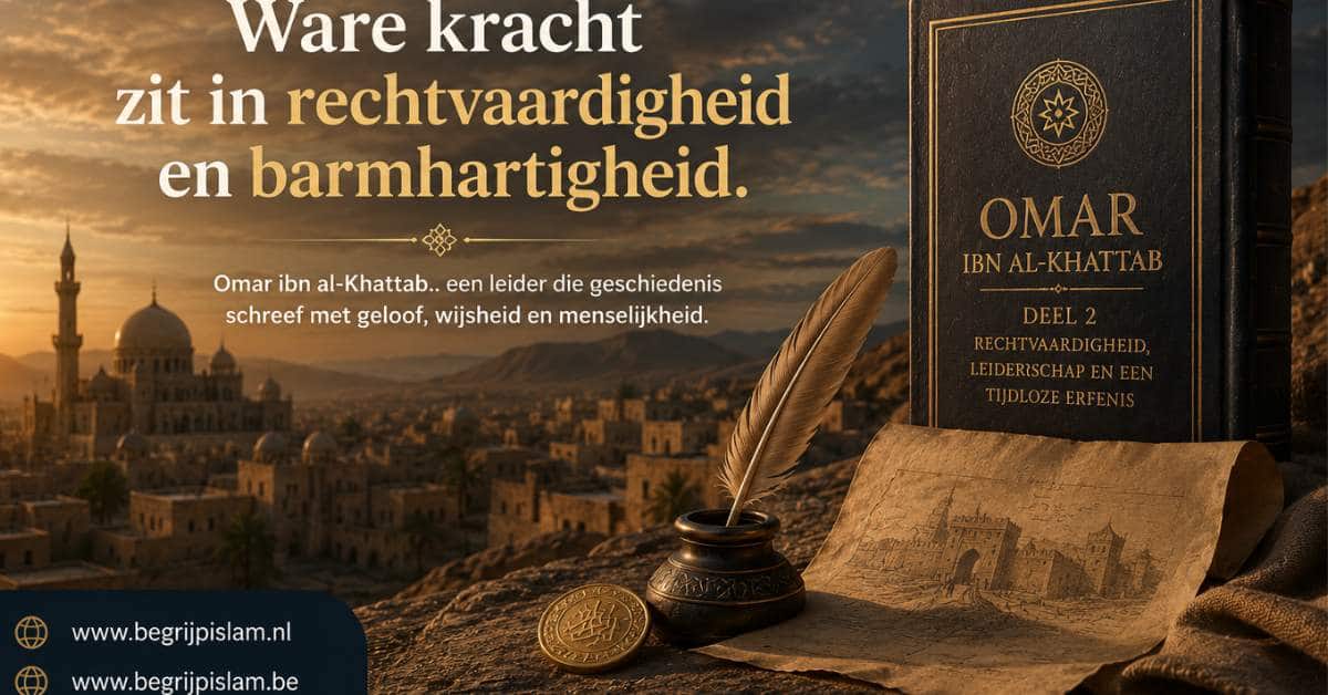 Cinematische historische afbeelding van Omar ibn al-Khattab met islamitische architectuur, boek en symbolen van rechtvaardigheid en leiderschap.
