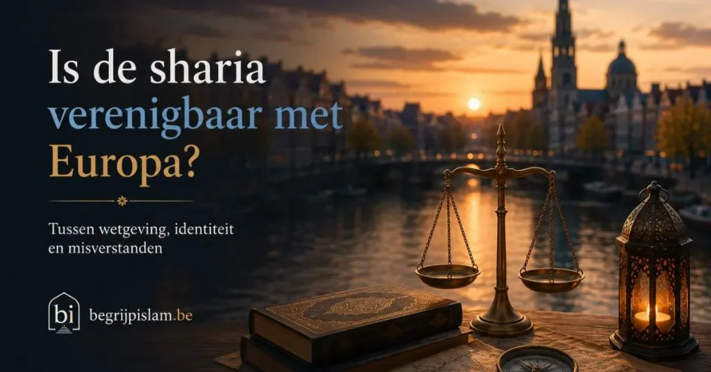 Sharia en Europa in een moderne Europese context met symbolen van recht en geloof