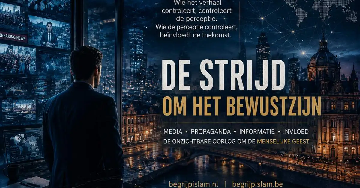 Cinematische afbeelding van een moderne Europese stad met digitale schermen, media-invloed en de strijd om bewustzijn en perceptie.
