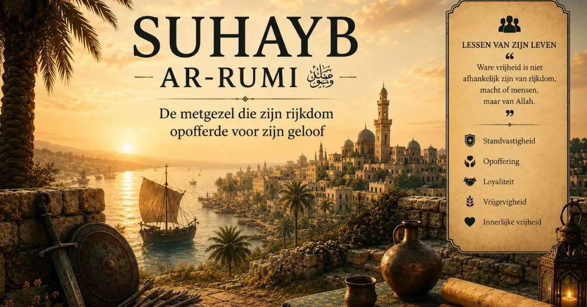 Cinematische illustratie van Suhayb ar-Rumi tijdens zijn migratie van Mekka naar Medina in een historische Arabische woestijnsfeer.