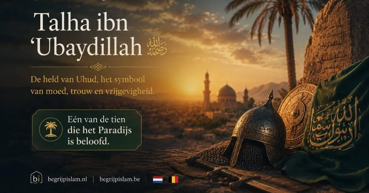Cinematische islamitische scène over Talha ibn ‘Ubaydillah, held van Uhud en één van de tien beloofden van het Paradijs.