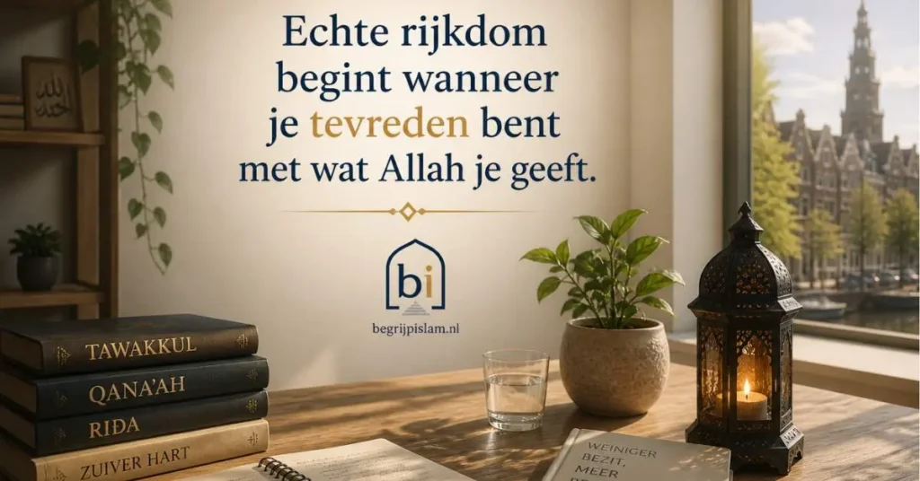 Rustige Europese woonkamer met islamitische boodschap over tevredenheid en innerlijke rust
