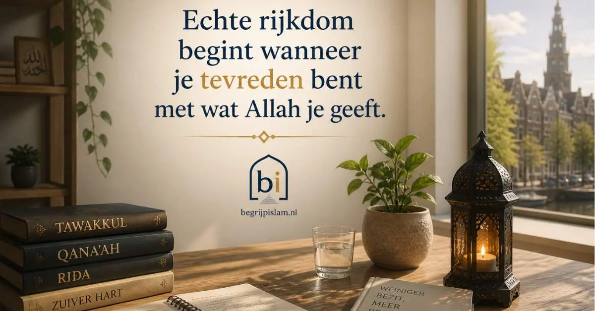 Rustige Europese woonkamer met islamitische boodschap over tevredenheid en innerlijke rust
