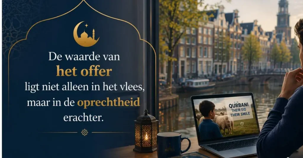 Moslim in een Europees appartement tijdens Eid al-Adha terwijl hij zijn offer in het buitenland organiseert.