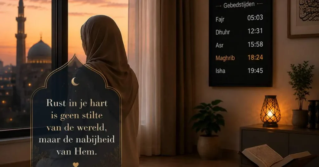 Moslima in een rustige Europese kamer tijdens maghrib terwijl zij zich voorbereidt op het gebed na reiniging van hayd of nifas.