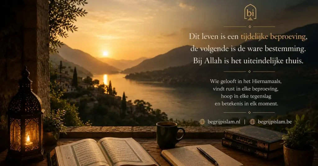 Cinematische islamitische reflectie over lijden, geloof, hoop en het Hiernamaals bij zonsondergang.