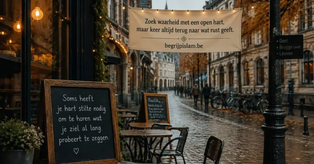 Europese straat in België met reflectieve islamitische boodschap over geloof, rust en innerlijke zoektocht