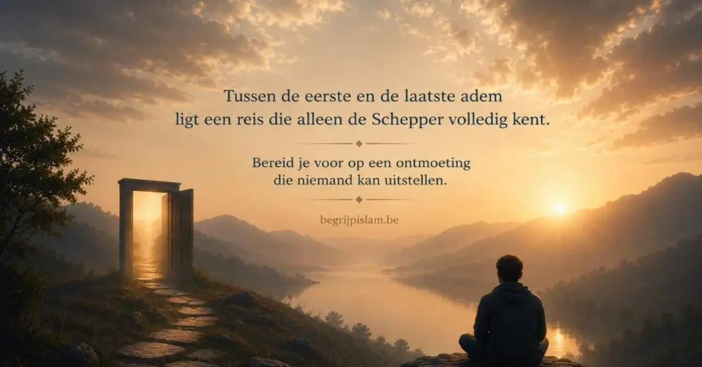Man kijkt uit over een mistig landschap terwijl hij nadenkt over de dood en het hiernamaals in de islam.