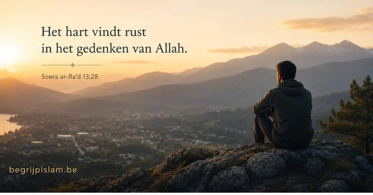 Jonge man kijkt uit over bergen tijdens zonsondergang als symbool van rust, geloof en innerlijke reflectie in de islam.