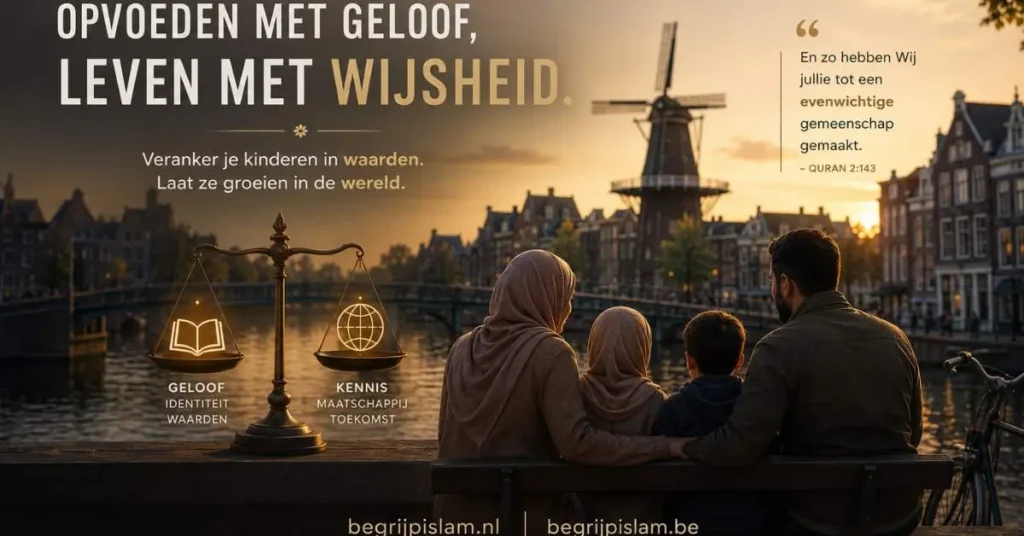 Cinematische Europese scène van een moslimgezin in een Nederlandse stad met focus op opvoeding, geloof, balans en maatschappelijke integratie.