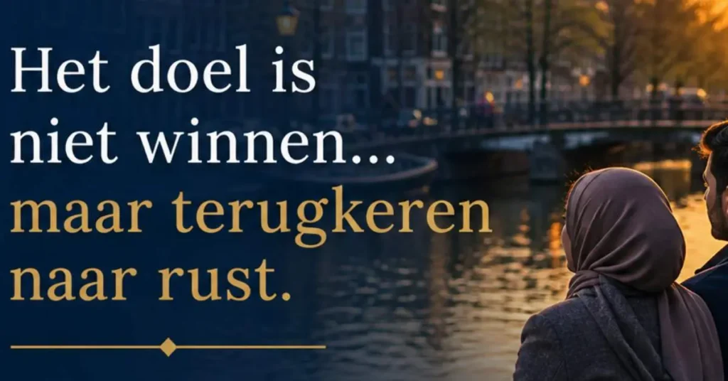 Moslimechtpaar dat een rustig gesprek voert na een meningsverschil reflecteert over rust, begrip en balans in het huwelijk volgens islamitische waarden