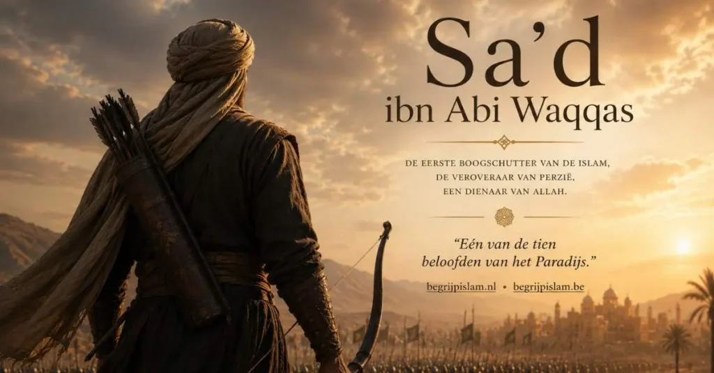 Sa‘d ibn Abi Waqqas kijkt uit over het islamitische leger tijdens zonsondergang