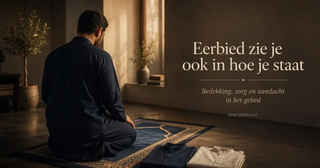 Man op een gebedskleed in een rustige ruimte met passende kleding, als beeld bij een artikel over awrah, bedekking en eerbied tijdens het gebed