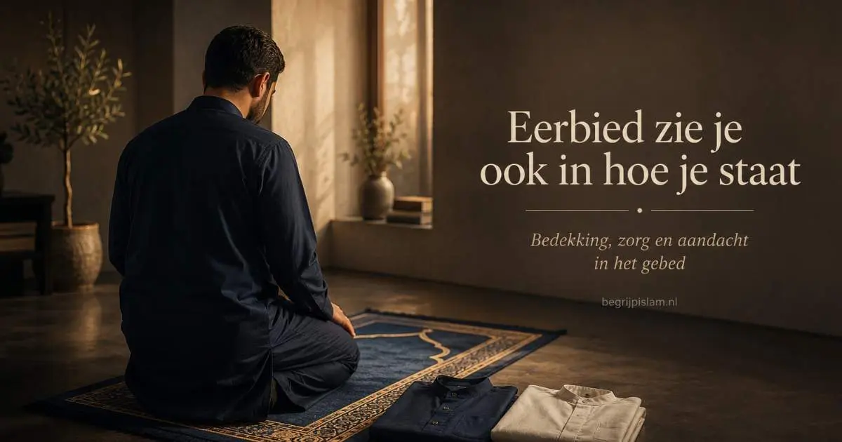 Man op een gebedskleed in een rustige ruimte met passende kleding, als beeld bij een artikel over awrah, bedekking en eerbied tijdens het gebed