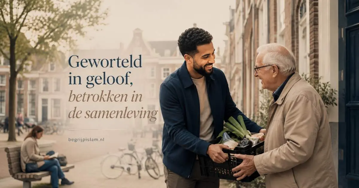 Een jonge moslim helpt een oudere buurman in een Europese straat met de tekst Geworteld in geloof, betrokken in de samenleving