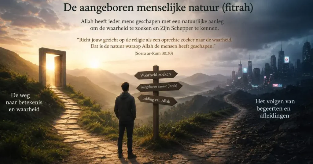 Persoon op een kruispunt tussen waarheid en verlangens als illustratie van de aangeboren menselijke natuur in de islam