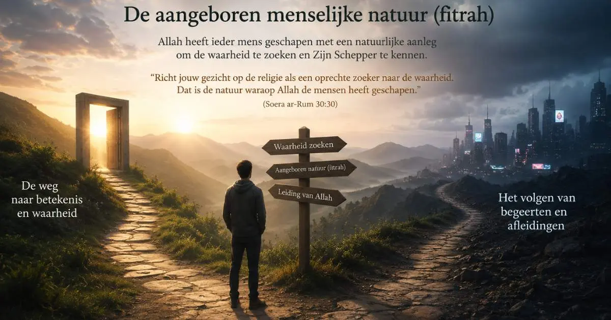 Persoon op een kruispunt tussen waarheid en verlangens als illustratie van de aangeboren menselijke natuur in de islam