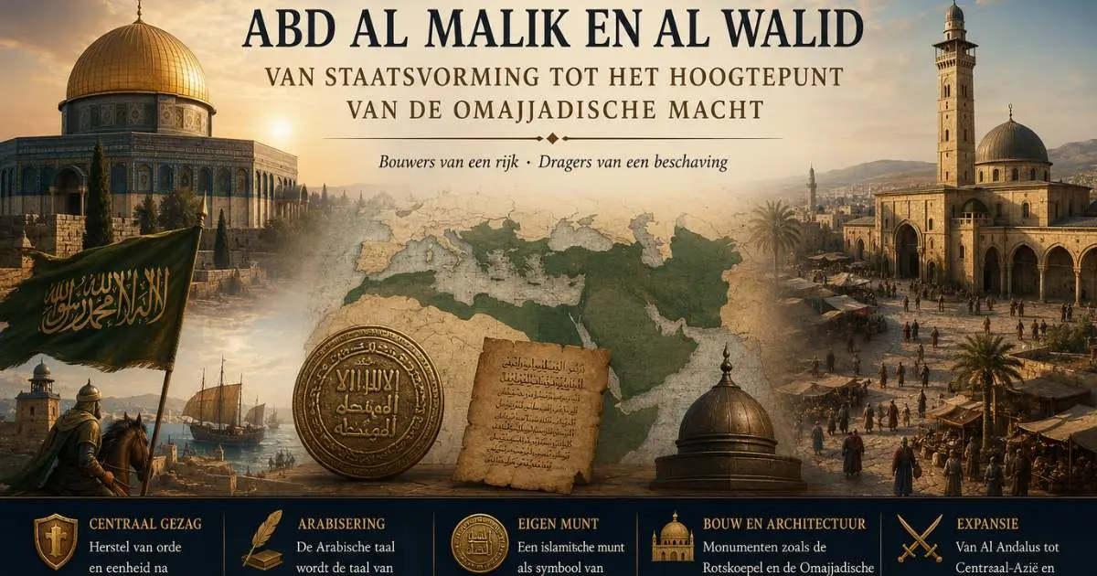 Symbolische afbeelding over Abd al Malik en al Walid, staatsvorming, Arabisering, islamitische munt, architectuur en de expansie van de Omajjadische macht
