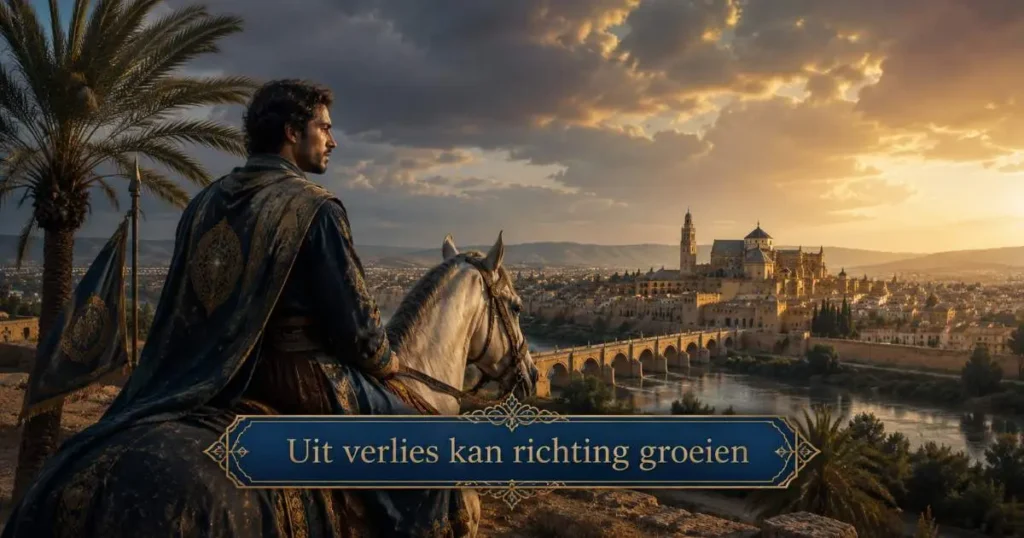 Abd al Rahman ad Dakhil kijkt uit over Córdoba met de tekst Uit verlies kan richting groeien