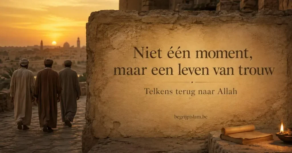Historische redactionele afbeelding over Abdullah ibn Umar, met verwijzingen naar trouw, aanbidding, kennis en terugkeer naar Allah.