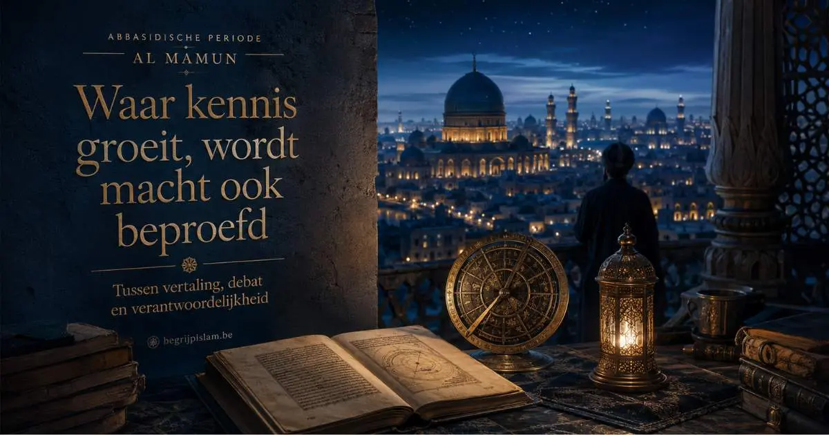 Symbolische afbeelding over al Mamun, Abbasidische kennis, vertaling, debat, het Huis van Wijsheid, macht en geloofsleer in Bagdad