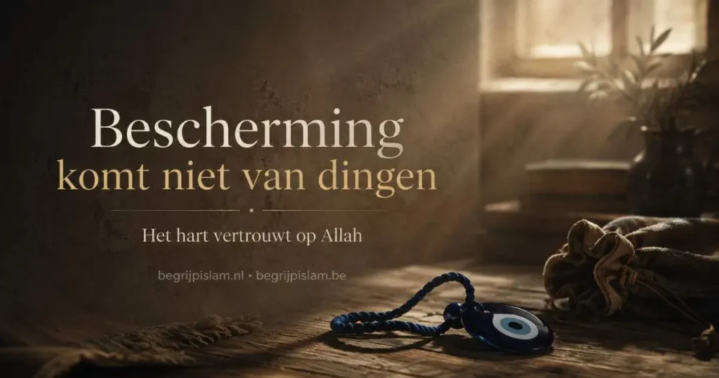 Symbolische afbeelding van een amulet op een houten tafel, met de boodschap dat bescherming in de islam niet van voorwerpen komt maar van vertrouwen op Allah