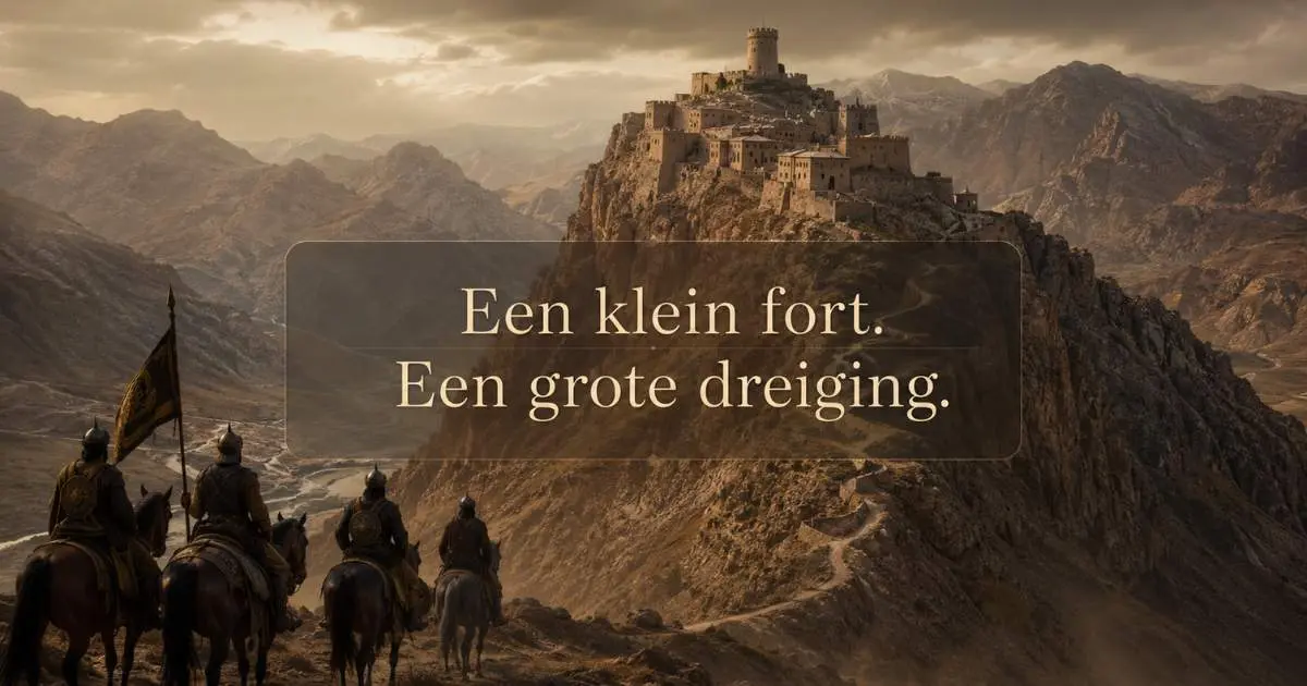 Bergvesting van Alamut in een aards historisch landschap met Seltsjoekse ruiters en de tekst Een klein fort Een grote dreiging