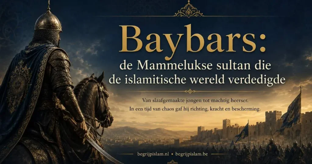 Baybars als Mamelukse sultan te paard voor een historische vesting, met leger en gouden lucht als beeld van leiderschap en staatsmacht