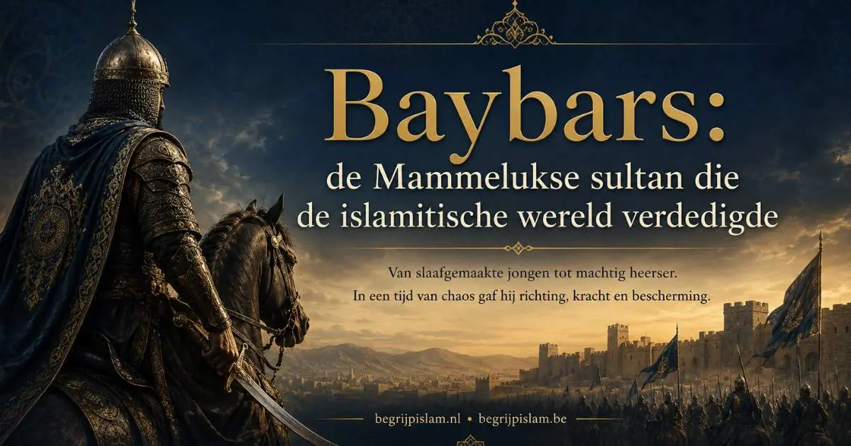 Baybars als Mamelukse sultan te paard voor een historische vesting, met leger en gouden lucht als beeld van leiderschap en staatsmacht