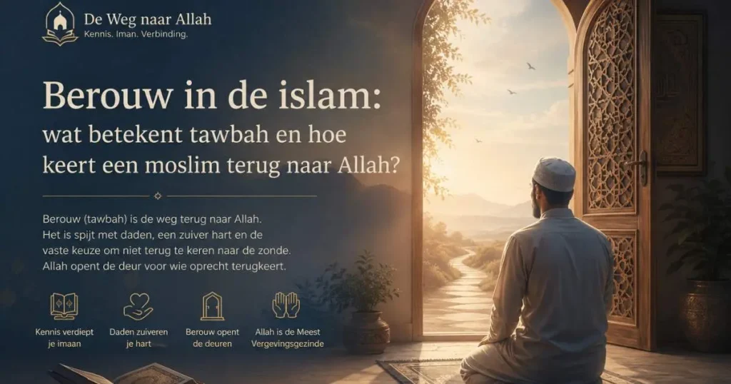 Moslim in gebed bij een open deur met licht als beeld bij berouw in de islam, tawbah en terugkeer naar Allah.