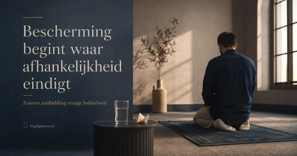 Rustige gebedsruimte met een biddende man en de tekst Bescherming begint waar afhankelijkheid eindigt
