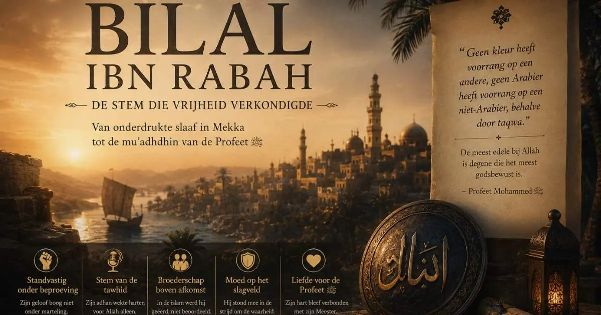 Cinematische afbeelding over Bilal ibn Rabah, met verwijzingen naar tawhid, vrijheid, adhan en menselijke waardigheid in de islam.