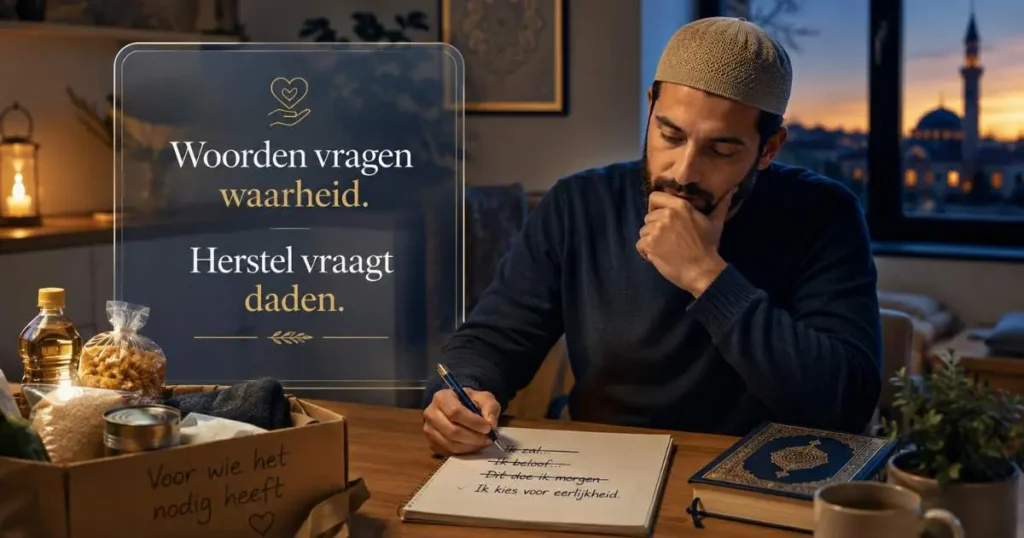 Moslim denkt na over een gebroken eed en boetedoening met voedsel voor behoeftigen en de tekst Woorden vragen waarheid Herstel vraagt daden